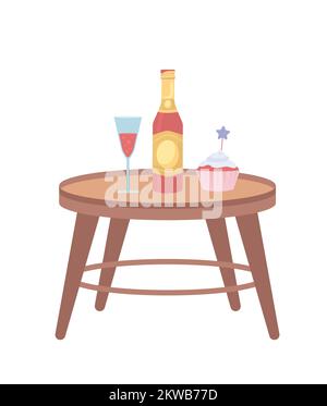 Champagne et cupcake sur une petite table, objets vectoriels de couleur semi-plats Illustration de Vecteur