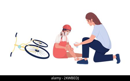 Femme aide à pleurer petite fille cycliste semi-plat couleur vecteur caractères. Illustration de Vecteur