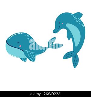 Ensemble de mammifères marins baleines bleues, requins, cachalots, dauphins, bélugas, rorquals communs. Graphiques vectoriels de dessin animé. Illustration de Vecteur