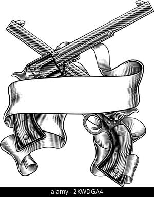 Pistolet Western Revolver Vintages Scroll Banner Illustration de Vecteur