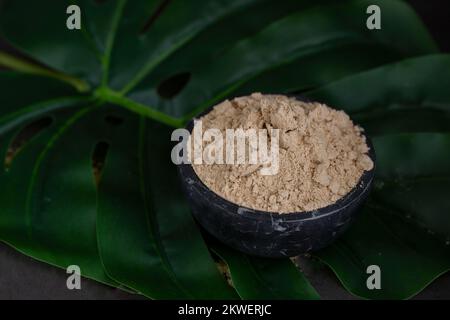 Mortier de marbre noir avec Gofio, farine de Canaries faite à partir de différents grains torréfiés sur fond de feuilles de palmier tropicales. Ingrédients de la cuisine des îles Canaries. Banque D'Images