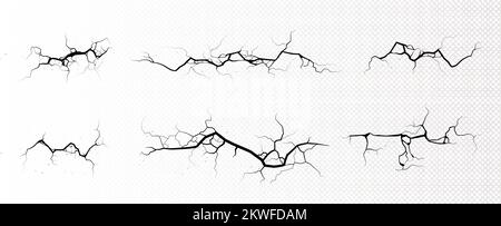 Fissures de masse, cassures horizontales sur la surface terrestre isolées sur fond transparent. Vecteur ensemble réaliste de fissure dans le sol, crevasses de la catastrophe ou de la sécheresse, fractures noires vue de dessus Illustration de Vecteur