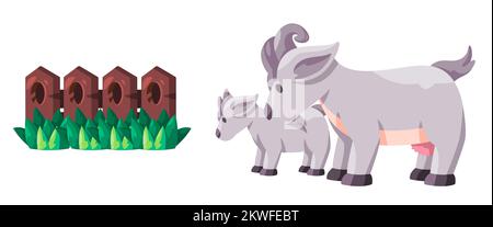 Ferme d'agneau de chèvre avec clôture et herbe illustration de l'animal mignon drôle de dessin animé Illustration de Vecteur