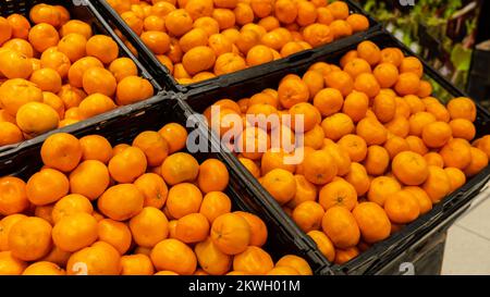 Vitrine avec une gamme de fruits au supermarché. Vente de nourriture. Vente au détail. Les oranges, les mandarines et les citrons frais sont entreposés sur des étagères. Fruits exotiques. Fruits mûrs et sains. Concept des achats au supermarché d'aliments diététiques avec des vitamines et des fibres. Banque D'Images