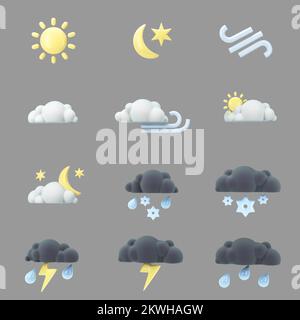 jeu d'icônes météo tridimensionnelles pour une application ou un site web 3d rendu en gris Banque D'Images