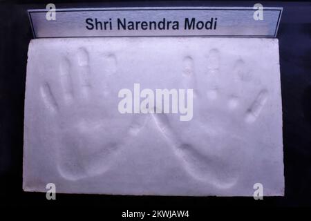 Un Palm Print de Shri Narendra Modi - Premier ministre de l'Inde au Musée de Science City, Ahmedabad, Gujrat, Inde. Banque D'Images