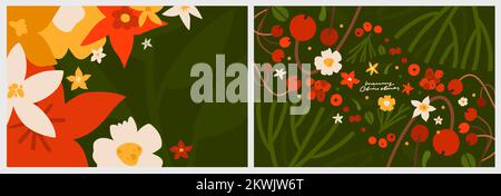 Graphique abstrait vectoriel dessiné à la main Merry Christmas and Happy New Year clipart illustrations carte de voeux avec fleurs et feuilles.Merry Christmas mignon Illustration de Vecteur