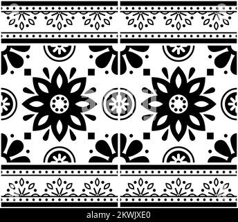 Carreaux portugais Azulejo sans couture vecteur motif floral avec cadre ou bordure - décoratif carrelage rétro design avec fleurs en noir et blanc Illustration de Vecteur