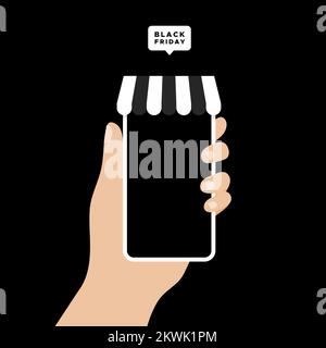 Bannière du vendredi noir. Main humaine tenant un smartphone. Pour la promotion, le marketing, la publicité et les médias sociaux. Illustration vectorielle, conception plate Illustration de Vecteur