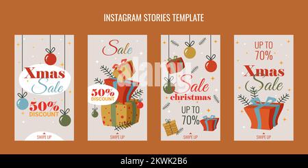 Décor pour les histoires instagram sur le thème de Noël solde décorations boîtes avec cadeaux brindilles de sapin et étoiles Illustration de Vecteur