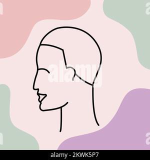 Art de la ligne de visage sur fond boho coloré. Tête mâle linéaire dessinée à la main. Homme portrait minimaliste souriant avec des éléments géométriques. Imprimé poster Illustration de Vecteur