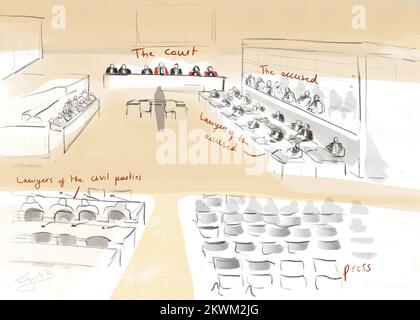 Ce dessin de Janne Van Woensel Kooy montre la salle d'audience avec des fonctions en anglais, lors de la composition du jury pour le procès des attaques de 22 mars 2016, à la Cour des assises de Bruxelles-capitale, le mercredi 30 novembre 2022 au site de Justitia à Haren, Bruxelles. Sur 22 mars 2016, 32 personnes ont été tuées et 324 ont été blessées lors d'attentats suicide à l'aéroport national de Zaventem et à la station de métro Maalbeek/Maelbeek, qui ont été revendiqués par l'ISIL. BELGA PHOTO JANNE VAN WOENSEL KOOY Banque D'Images