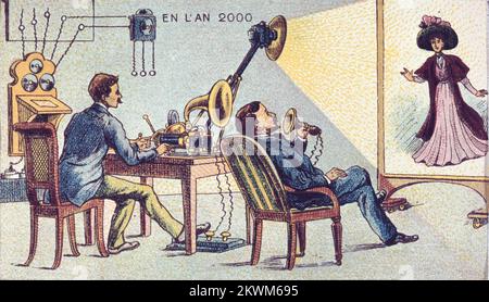 La radio à la maison de la série France en l'an 2000 France en l'an 2000 (XXI siècle) une série d'images futuristes de Jean-Marc côté et d'autres artistes publiés en France en 1899, 1900, 1901 et 1910. À l'origine sous forme de cartes en papier placées dans des boîtes à cigarettes/cigares et, plus tard, sous forme de cartes postales, les images dépeignaient le monde tel qu'il était imaginé comme en l'an 2000. Banque D'Images