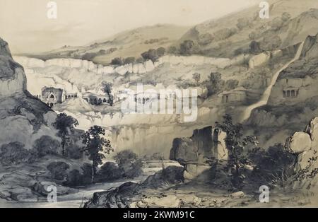 Ajunta - vue générale des grottes, comprenant les grottes nos 21 et 26 [les grottes d'Ajanta sont environ 30 monuments de grottes bouddhistes de roche datant du 2nd siècle avant JC à environ 480 EC dans le district d'Aurangabad de l'État de Maharashtra en Inde. Les grottes comprennent des peintures et des sculptures de roche décrites comme l'un des meilleurs exemples survivants de l'art indien antique, en particulier des peintures expressives qui présentent des émotions par le geste, Pose et forme] du livre ' illustrations des temples de l'Inde' choisis parmi les meilleurs exemples des différentes séries de grottes d'Ellora, Ajunt Banque D'Images