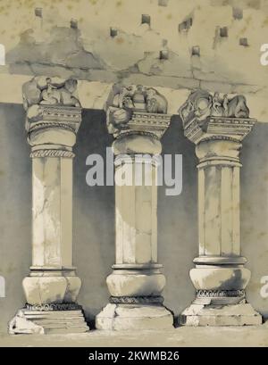 Piliers de la Grande grotte de Chaitya, Kannari. Du livre ' illustrations des temples de l'Inde coupés en pierre ' sélectionnés parmi les meilleurs exemples des différentes séries de grottes à Ellora, Ajunta, Cuttack, Salette, Karli, Et Mahavellipore. Tiré sur pierre par M. T. C. Dibdin, à partir de croquis réalisés sur place dans les années 1838-9 PAR JAMES FERGUSSON, Date de publication 1845 Éditeur London, J. Weale Banque D'Images