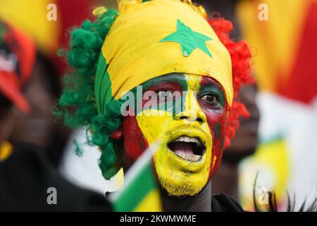 Fan du Sénégal lors du match de la coupe du monde de la FIFA, Qatar 2022, Groupe A, entre l'Équateur et le Sénégal, a joué au stade international de Khalifa le 29 novembre 2022 à Doha, Qatar. (Photo de Bagu Blanco / PRESSIN) Banque D'Images