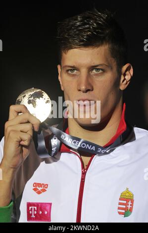 Daniel Gyurta de Hongrie, médaille d'or à la cérémonie de victoire finaliste Breastrocke Men en 200m. Photo: Pau Barrena/HaloPix/PIXSELL Banque D'Images