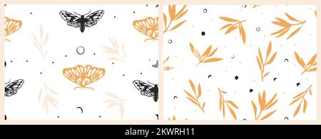 Illustration abstraite vectorielle motifs sans couture ensemble avec phases de lune céleste, croissant, papillon, étoiles, formes d'astrologie mystique et simple. Nuit Illustration de Vecteur