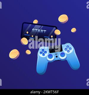 Joystick, manette de jeu avec moniteur et pièces volantes. P2E Illustration des jeux de cryptographie. Jeux NFT multiplateforme. Illustration vectorielle Illustration de Vecteur