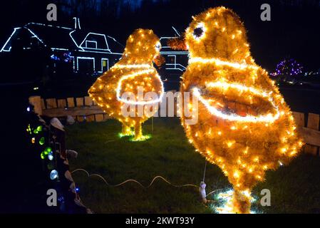 31.03.2015., Cazma, Grabovnica, Croatie - le spectacle de lumière de Pâques de la famille Salaj comprend 10 000 œufs de Pâques éclairés. L'ingénieur à la retraite Zlatko Salaj et sa famille dans leur propriété, situé à quelques kilomètres à l'est de la petite ville de Cazma, voulaient faire la plus grande atmosphère de vacances jamais. Ils ont eu la chance de voir la compagnie d'électricité installer une nouvelle sous-station à proximité il y a quelques années, fournissant suffisamment d'électricité pour alimenter le spectacle lumineux. Le projet est financé en partie par des parrainages, et en partie par des droits d'entrée, mais la majeure partie de l'argent et du travail pour le maintenir au cours des années a été mis en place par la Sala Banque D'Images