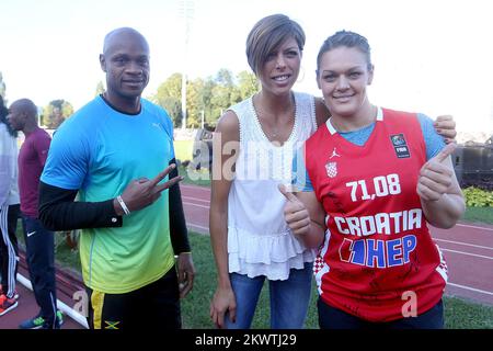 Asafa Powell, Blanka Vlasic, Sandra Perkovic lors du défi mondial de l'IAAF au stade Mladost, Zagreb, Croatie. Banque D'Images