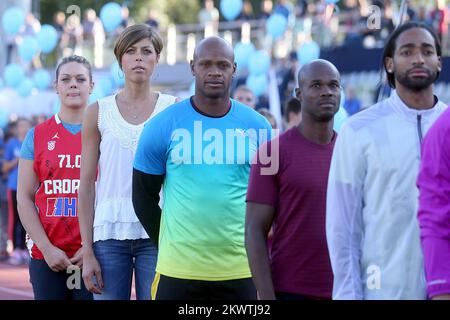 Sandra Perkovic, Blanka Vlasic, Asafa Powell lors du défi mondial de l'IAAF au stade Mladost, Zagreb, Croatie. Banque D'Images