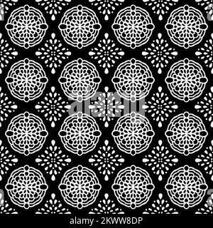 Motif sans couture avec ornement ethnique blanc sur fond noir. Motif géométrique oriental noir et blanc. Banque D'Images