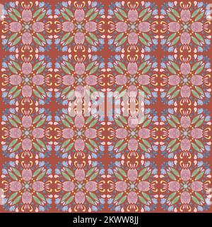 Motif sans couture avec motifs orientaux. Motif fleuri géométrique. Décoration rose vert et bleu charbon. Imprimé bohémien moderne. Banque D'Images