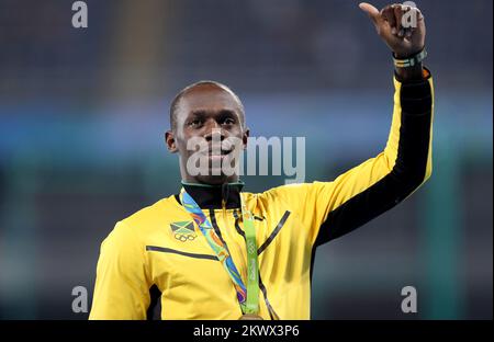 Usain Bolt de la Jamaïque pose avec la médaille d'or après l'épreuve masculine de 200 mètres pendant les Jeux Olympiques de Rio 2016 à Rio de Janeiro, Brésil sur 19 août 2016. Banque D'Images