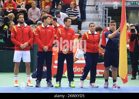 04.02.2017., Croatie, Osijek - 1 e tour Groupe mondial de la coupe Davis, Croatie - Espagne, doubles, Marin Draganja / Nikola Mektic - Feliciano Lopez / Marc Lopez. Feliciano Lopez, Pablo Carreno Busta, Roberto Bautista Agut, Conchita Martinez. Photo: Davor Javorovic/PIXSELL Banque D'Images