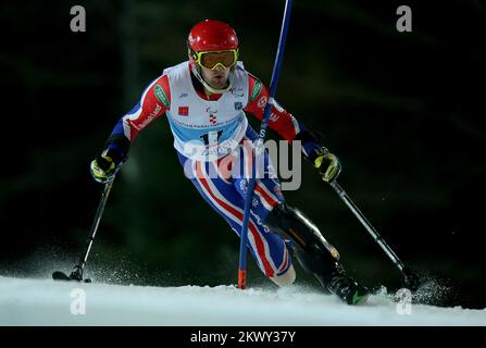 16.02.2017., Sljeme, Zagreb, Croatie - 2017 IPC Alpine ski Europa Cup. Deuxième course de slalom de la coupe d'Europe en ski alpin pour les personnes handicapées. Jack Peters, Grande-Bretagne. Banque D'Images