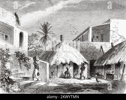 Intérieur d'une maison dans l'île de Goree dans l'océan Atlantique en dehors de Dakar au Sénégal, Afrique de l'Ouest. Voyages et expéditions au Sénégal et dans les pays voisins. Excursion militaire et géographique à l'est de Gorée dans les pays de Sine et Saloum 1859 Banque D'Images