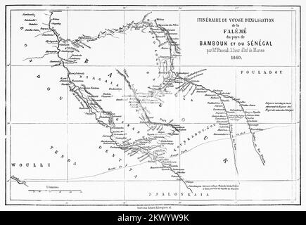 Itinéraire du voyage d'exploration du fleuve Faleme dans le pays de Bambouk et du Sénégal par Pascal Sheut 1860 rapport de la marine Banque D'Images