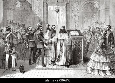 Célébration d'un mariage traditionnel russe, Saint-Pétersbourg, Russie. Un hiver à Saint-Pétersbourg par Philippe Blanchard 1856. Le Tour du monde 1861 Banque D'Images