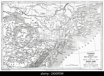 Carte antique de la région des Grands Lacs du Canada et de la partie ouest des États-Unis. ÉTATS-UNIS. Voyages en Amérique du Nord par Louis Deville, États-Unis et Canada 1854-1855. Le Tour du monde 1861 Banque D'Images