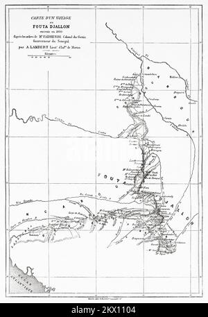 Ancienne carte de la région de Fouta Djallon, Sénégal, Afrique. Voyage à Fouta Djallon par Lambert 1860 Banque D'Images