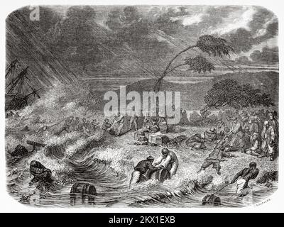Épave du navire Saint-Paul sur l'île de Rossell, Papouasie-Nouvelle-Guinée. Naufrage et scènes d'anthropophagy sur l'île Rossel dans l'archipel de Louisiane, Mélanésie. Histoire de V de Rochas 1858 Banque D'Images
