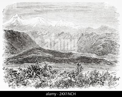 La femme blanche. Vue ancienne sur le mont Iztaccihuati, Mexique. Ascension au Mont Popocatepetl par Jules Laveiriere 1857 Banque D'Images
