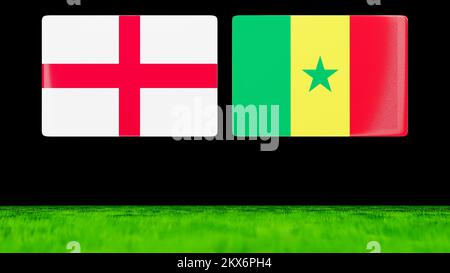 Drapeaux nationaux de l'Angleterre et du Sénégal comme des cartes brillantes flottant sur un champ vert. 3D rendu. Banque D'Images