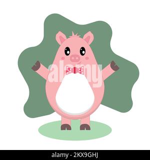 Mignon cochon rose heureux avec noeud papillon, debout. Personnage de dessin animé vectoriel. Le symbole du nouvel an chinois. Illustration de Vecteur