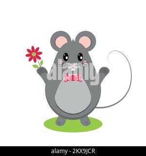 Souris ou rat gris en forme d'oeuf, avec une fleur de camomille, sur une pelouse verte. Illustration vectorielle dans un style plat. Illustration de Vecteur