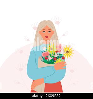 Une jeune femme blonde avec un bouquet de fleurs dans ses mains. Illustration vectorielle de style plat Illustration de Vecteur