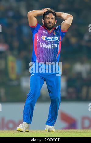 Kandy, Sri Lanka. 30th novembre 2022. Le Gulbadin Naib d'Afghanistan réagit lors du match de cricket de l'ODI 3rd entre le Sri Lanka et l'Afghanistan au stade de cricket international Pallekele de Kandy, le 30th novembre 2022. Viraj Kothalwala/Alamy Live News Banque D'Images