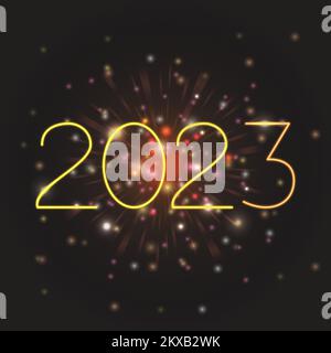 Bonne année 2023 bannière brillante. Chiffres fluo avec arrière-plan feux d'artifice. Illustration vectorielle. Illustration de Vecteur