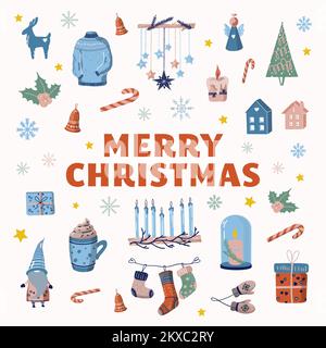 Carte d'illustrations des articles de décoration de Noël. Nouvel an chaleureux accueil célébration dessin animé arrière-plan. Cadeaux étoiles et bougies, cerf et Illustration de Vecteur