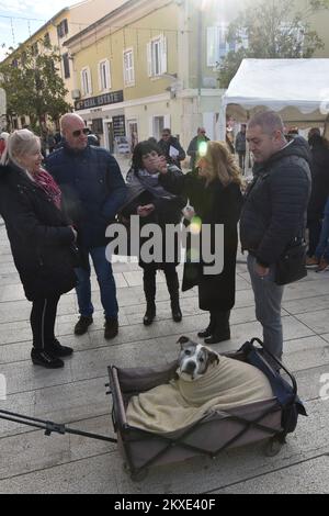 31.12.2019., Porec - vers 2020, une pyramide de 2020 verres à champagne a été érigée sur la place principale de Porec, qui a été offerte aux invités pour un toast à Porec, photo: Dusko Marusic /PIXSELL Banque D'Images