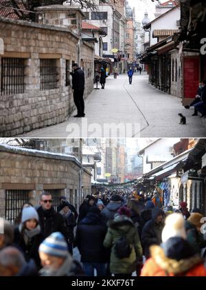 04.04.2020., Sarajevo, Bosnie-Herzégovine - Combo photo montre les gens à l'ancienne bazzar Bascarsija à Sarajevo, Bosnie-Herzégovine sur 31 décembre 2019 (en bas) et vide rue du même endroit pendant la pandémie COVID-19 sur 30 mars 2020. Photo: Armin Durgut/PIXSELL Banque D'Images