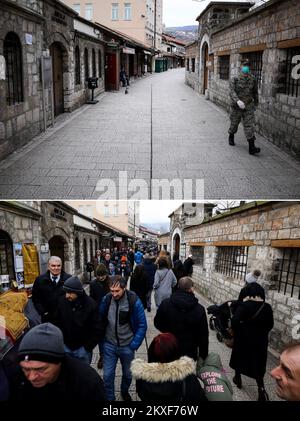 04.04.2020., Sarajevo, Bosnie-Herzégovine - Combo photo montre les gens à l'ancienne bazzar Bascarsija à Sarajevo, Bosnie-Herzégovine sur 27 décembre 2019 (en bas) et vide rue du même endroit pendant la pandémie COVID-19 sur 30 mars 2020. Photo: Armin Durgut/PIXSELL Banque D'Images