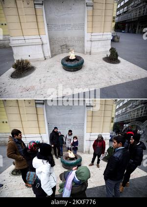 04.04.2020., Sarajevo, Bosnie-Herzégovine - photo combinée montre les gens autour de la flamme éternelle à Sarajevo, Bosnie-Herzégovine sur 27 décembre 2019 (en bas) et la rue vide du même endroit pendant la pandémie COVID-19 sur 30 mars 2020. Photo: Armin Durgut/PIXSELL Banque D'Images