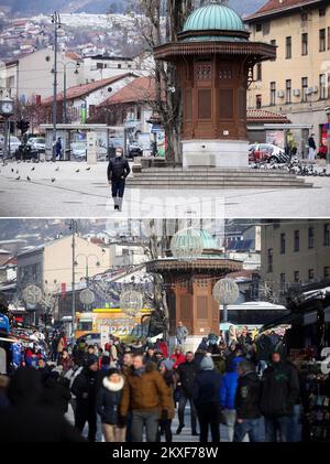 04.04.2020., Sarajevo, Bosnie-Herzégovine - Combo photo montre les gens à l'ancienne bazzar Bascarsija à Sarajevo, Bosnie-Herzégovine sur 31 décembre 2019 (en bas) et vide rue du même endroit pendant la pandémie COVID-19 sur 30 mars 2020. Photo: Armin Durgut/PIXSELL Banque D'Images